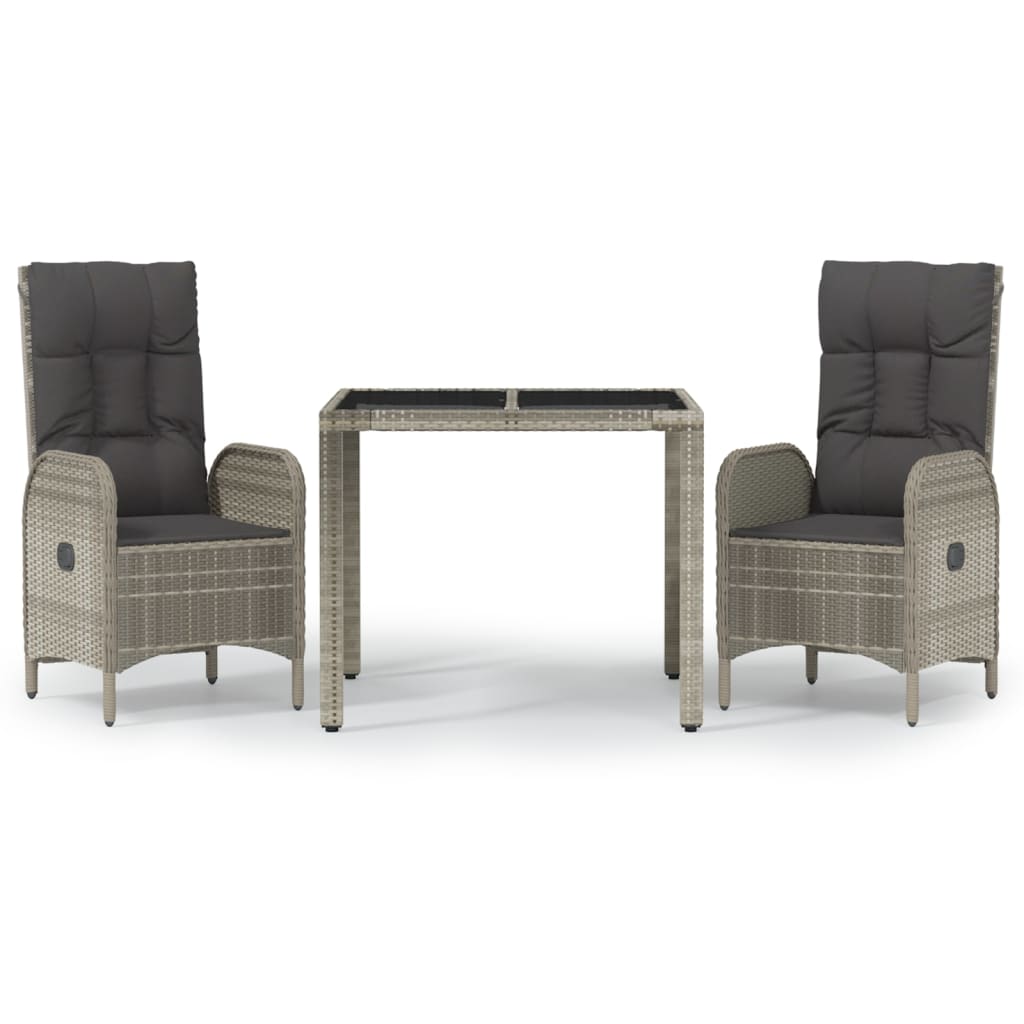 vidaXL 3-tlg. Garten-Essgruppe mit Kissen Grau Poly Rattan