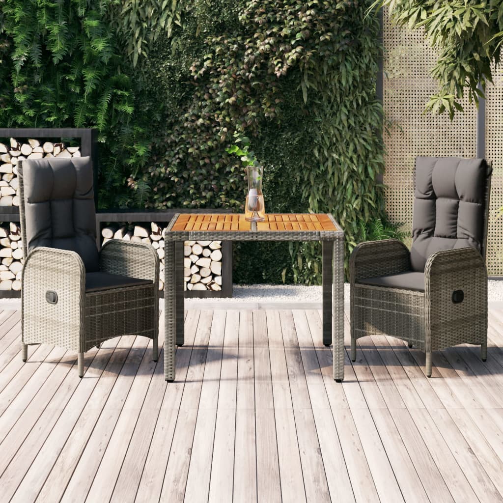 vidaXL 3-tlg. Garten-Essgruppe mit Kissen Grau Poly Rattan