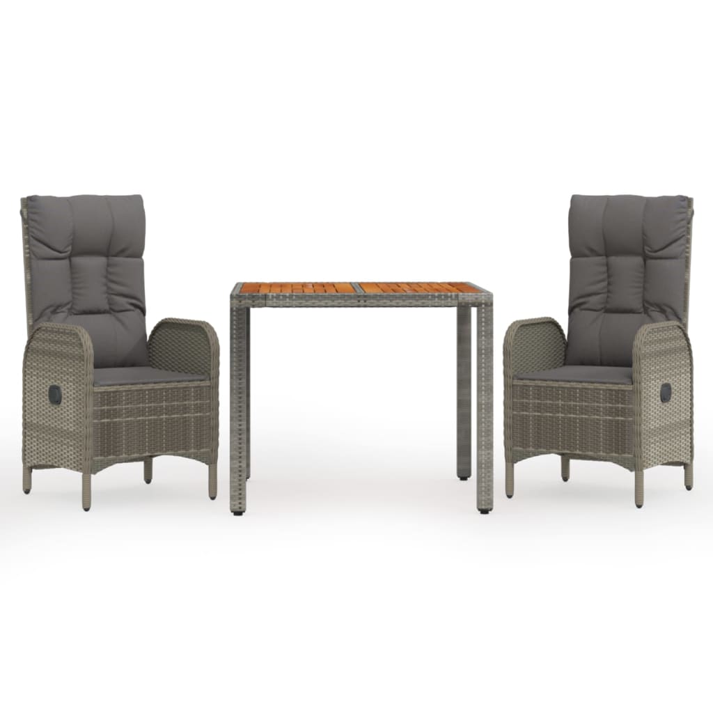 vidaXL 3-tlg. Garten-Essgruppe mit Kissen Grau Poly Rattan