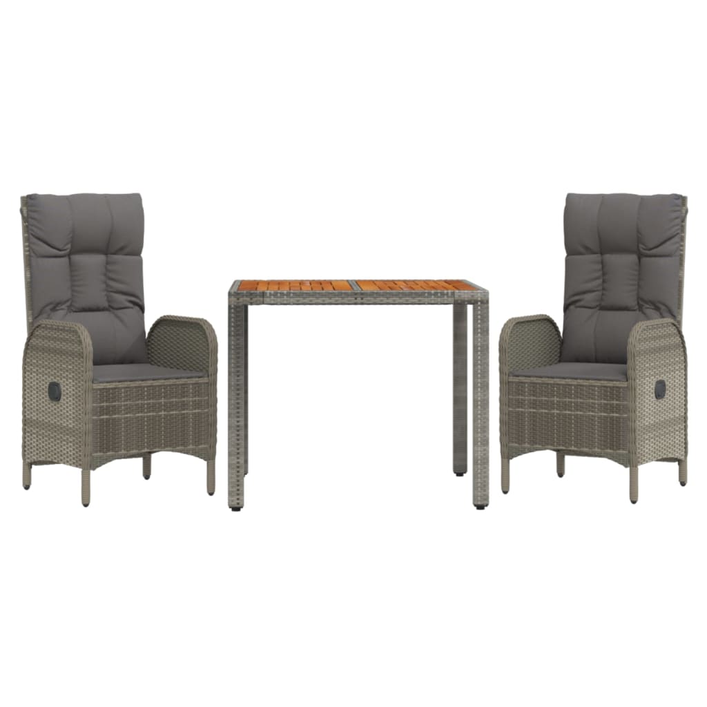 vidaXL 3-tlg. Garten-Essgruppe mit Kissen Grau Poly Rattan