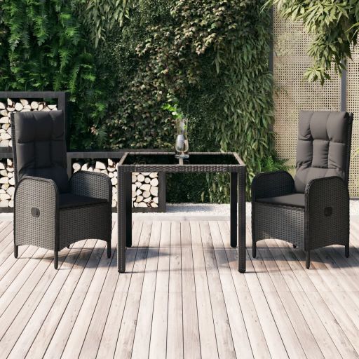 vidaXL 3-tlg. Garten-Essgruppe mit Kissen Schwarz Poly Rattan