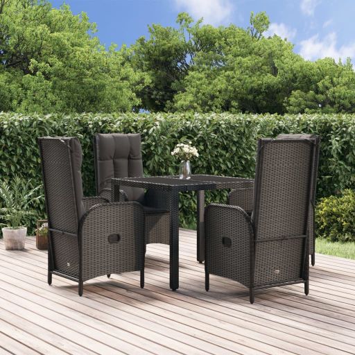 vidaXL 3-tlg. Garten-Essgruppe mit Kissen Schwarz Poly Rattan