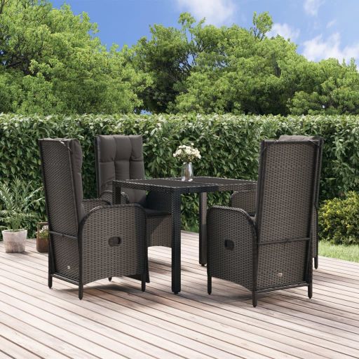 vidaXL 3-tlg. Garten-Essgruppe mit Kissen Schwarz Poly Rattan