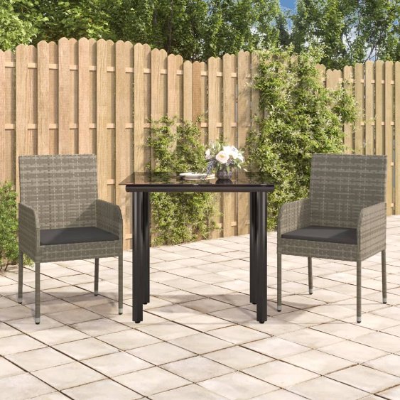 vidaXL 3-tlg. Garten-Essgruppe mit Kissen Schwarz Poly Rattan
