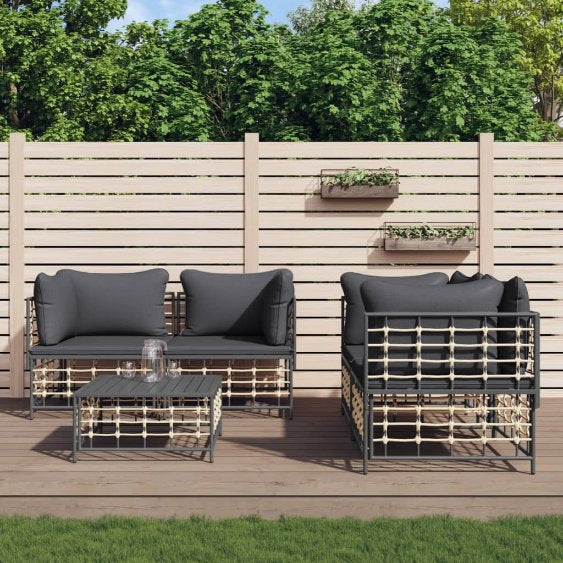 vidaXL 5-tlg. Garten-Lounge-Set mit Kissen Anthrazit Poly Rattan