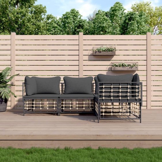 vidaXL 3-tlg. Garten-Lounge-Set mit Kissen Anthrazit Poly Rattan