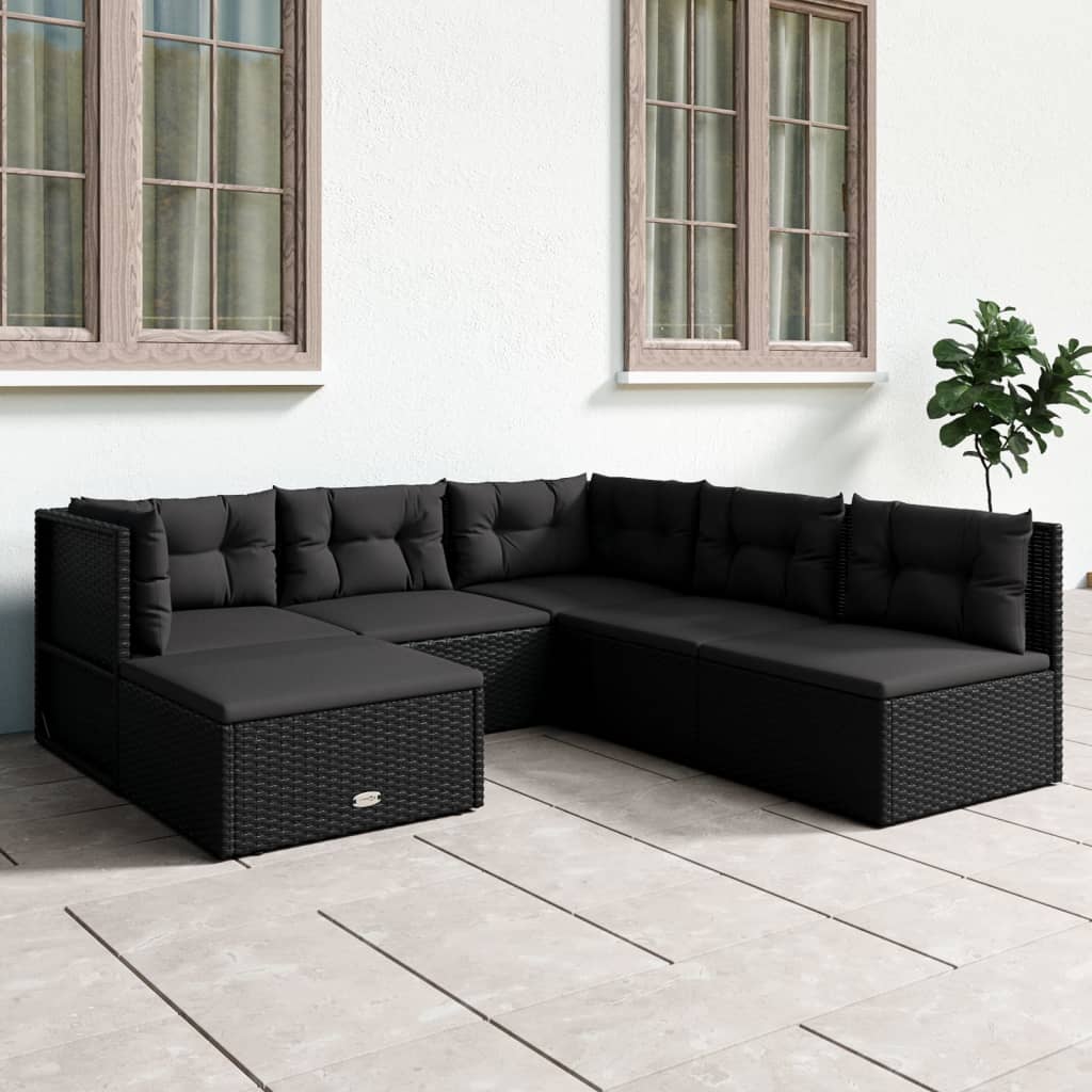 vidaXL 6-tlg. Garten-Lounge-Set mit Kissen Schwarz Poly Rattan
