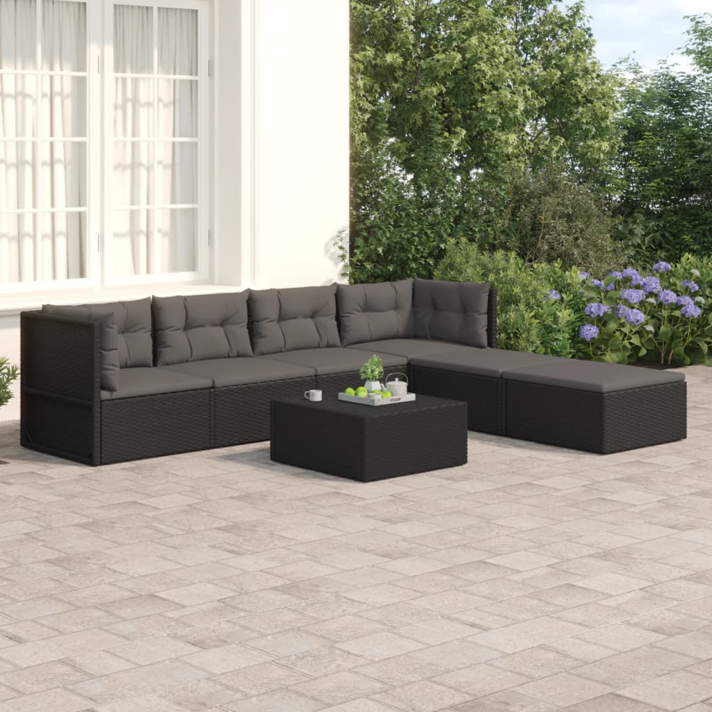 vidaXL 6-tlg. Garten-Lounge-Set mit Kissen Schwarz Poly Rattan