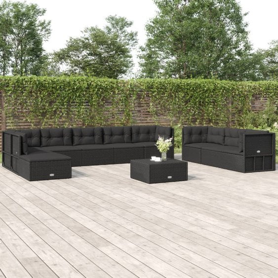 vidaXL 10-tlg. Garten-Lounge-Set mit Kissen Schwarz Poly Rattan