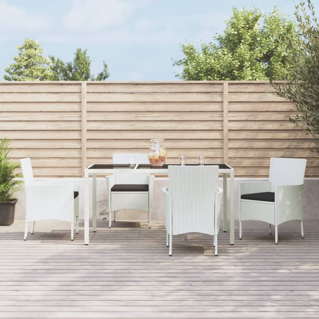 vidaXL 5-tlg. Garten-Essgruppe mit Kissen Weiß Poly Rattan