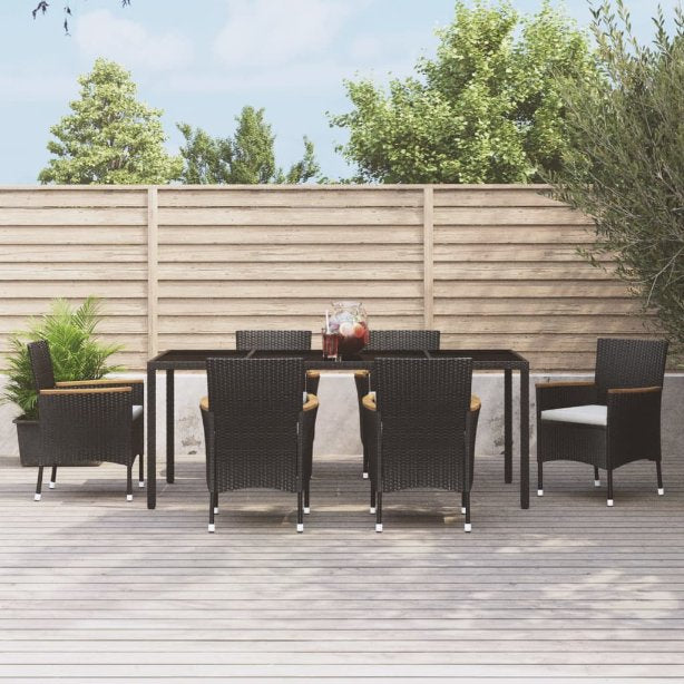 vidaXL 7-tlg. Garten-Essgruppe mit Kissen Schwarz Poly Rattan