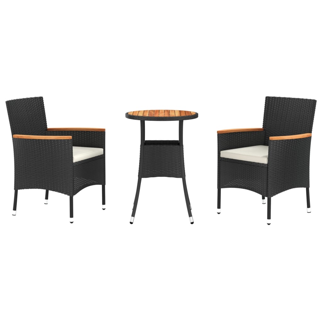 vidaXL 3-tlg. Garten-Bistro-Set mit Kissen Schwarz Poly Rattan