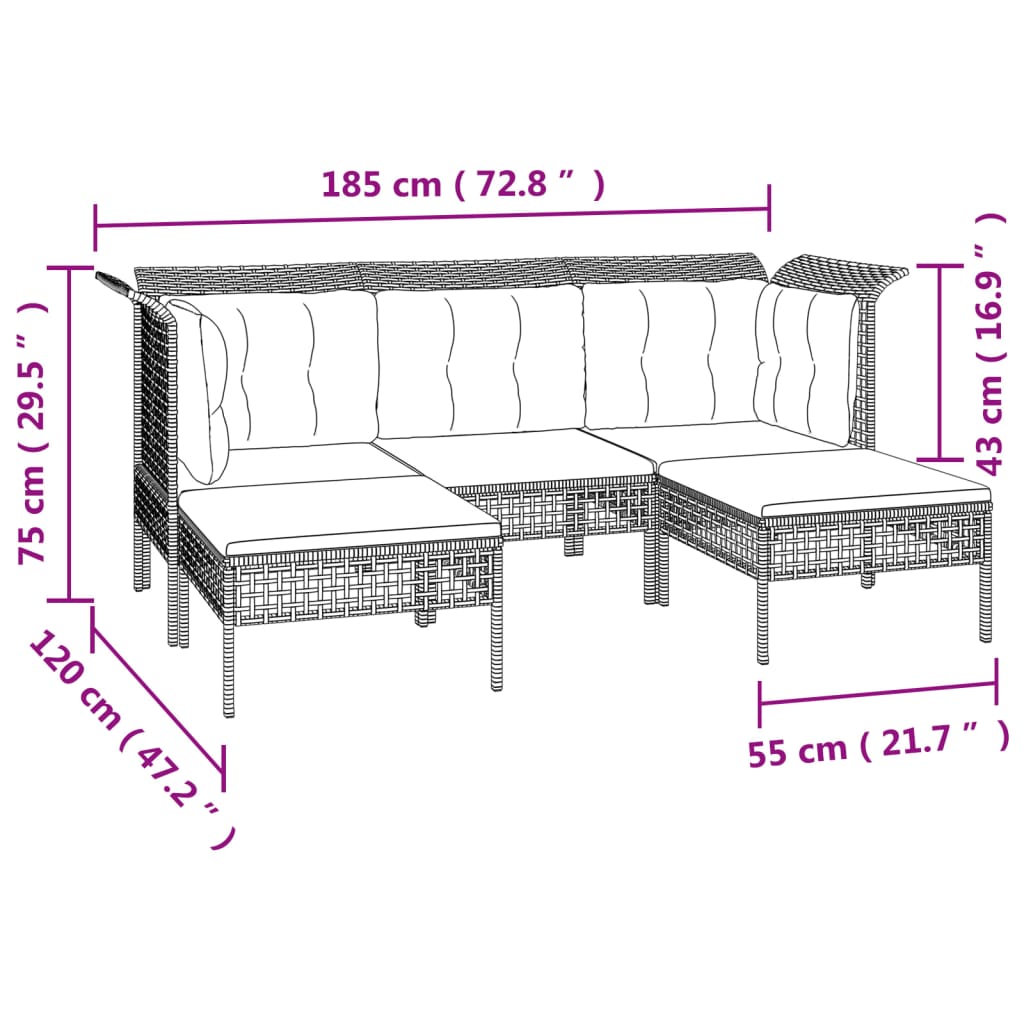 vidaXL 9-tlg. Garten-Lounge-Set mit Kissen Grau Poly Rattan