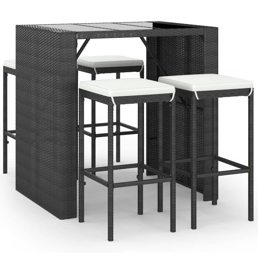 vidaXL 5-tlg. Gartenbar-Set mit Kissen Schwarz Poly Rattan