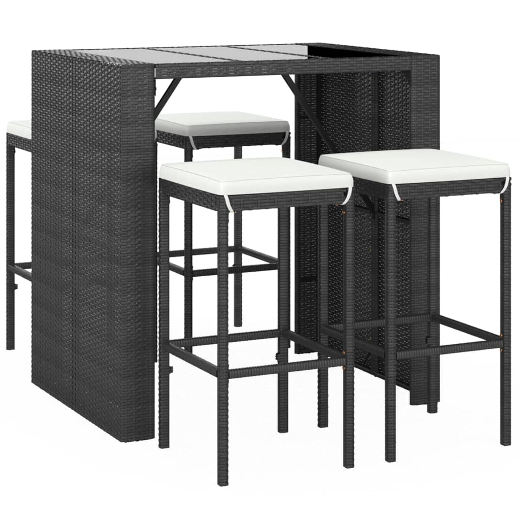 vidaXL 5-tlg. Gartenbar-Set mit Kissen Schwarz Poly Rattan