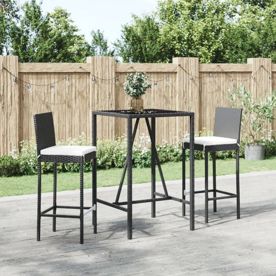 vidaXL 3-tlg. Gartenbar-Set mit Kissen Schwarz Poly Rattan