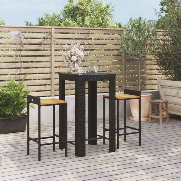 vidaXL 3-tlg. Gartenbar-Set Schwarz Poly Rattan & Massivholz Akazie