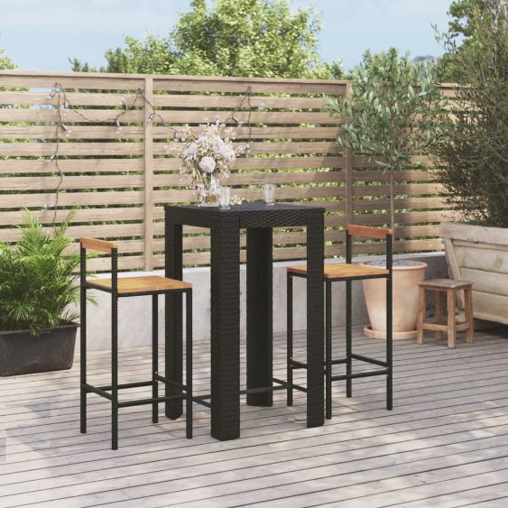 vidaXL 3-tlg. Gartenbar-Set Schwarz Poly Rattan & Massivholz Akazie