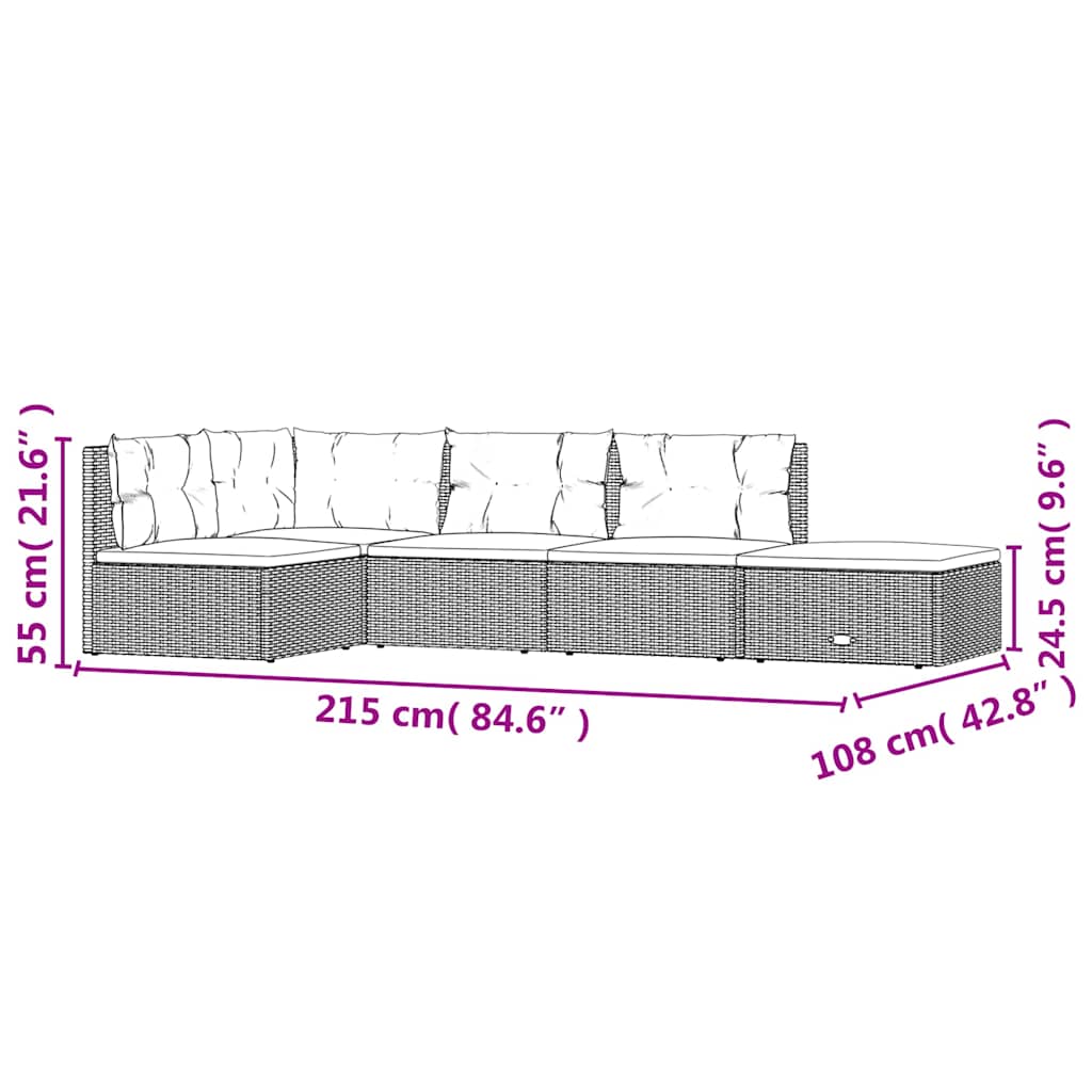vidaXL 5-tlg. Garten-Lounge-Set mit Kissen Schwarz Poly Rattan