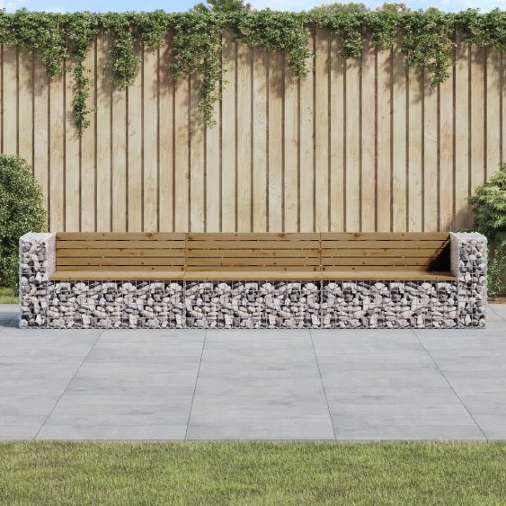 vidaXL Gartenbank aus Gabionen 347x71x65,5 cm Massivholz Kiefer