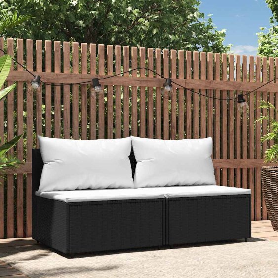vidaXL Garten-Mittelsofa mit Kissen Schwarz Poly Rattan