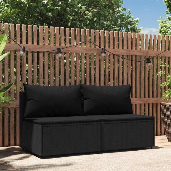 vidaXL Garten-Mittelsofa mit Kissen Schwarz Poly Rattan