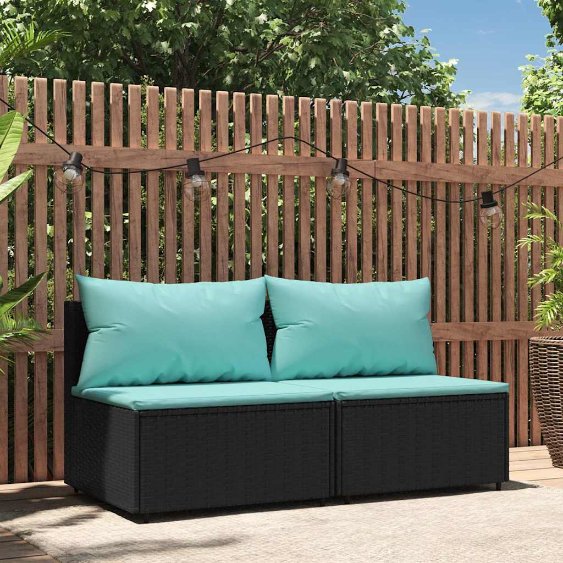 vidaXL Garten-Mittelsofa mit Kissen Schwarz Poly Rattan