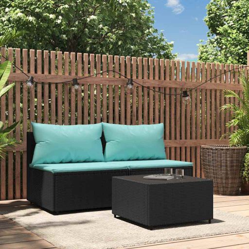 vidaXL Garten-Mittelsofa mit Kissen Schwarz Poly Rattan