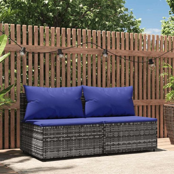 vidaXL Garten-Mittelsofa mit Kissen Schwarz Poly Rattan