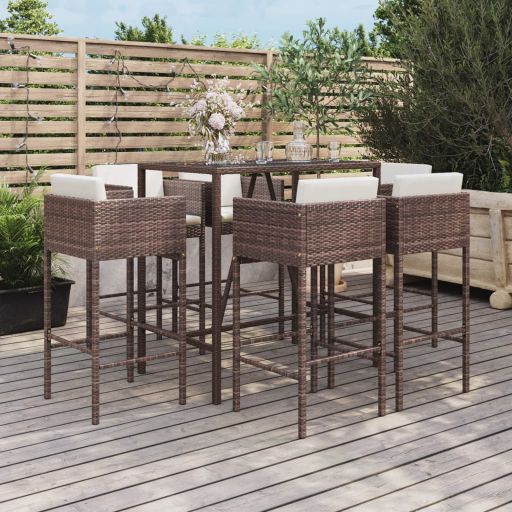 vidaXL 5-tlg. Gartenbar-Set mit Kissen Braun Poly Rattan