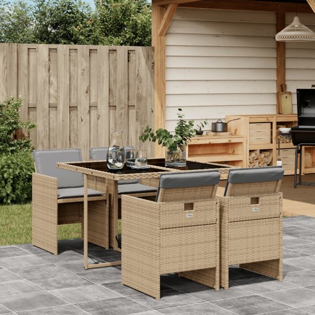 vidaXL 5-tlg. Garten-Essgruppe mit Kissen Schwarz Poly Rattan