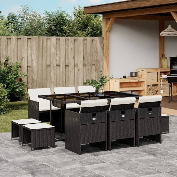 vidaXL 9-tlg. Garten-Essgruppe mit Kissen Schwarz Poly Rattan