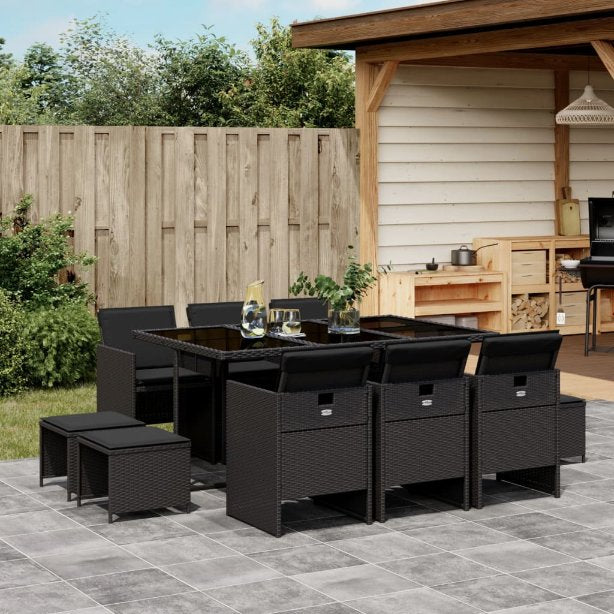 vidaXL 9-tlg. Garten-Essgruppe mit Kissen Schwarz Poly Rattan