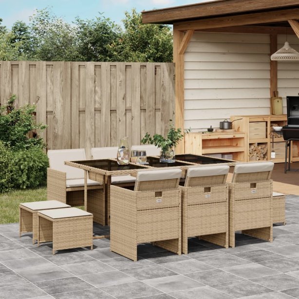 vidaXL 9-tlg. Garten-Essgruppe mit Kissen Schwarz Poly Rattan
