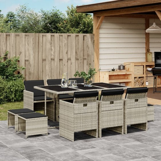 vidaXL 9-tlg. Garten-Essgruppe mit Kissen Schwarz Poly Rattan