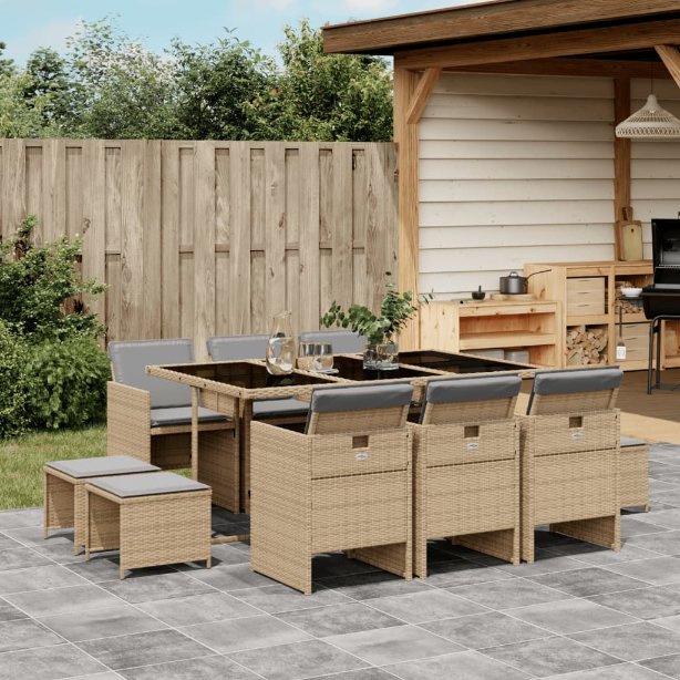 vidaXL 9-tlg. Garten-Essgruppe mit Kissen Schwarz Poly Rattan