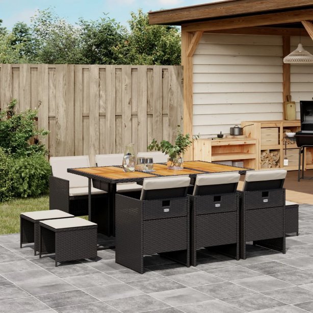 vidaXL 9-tlg. Garten-Essgruppe mit Kissen Schwarz Poly Rattan