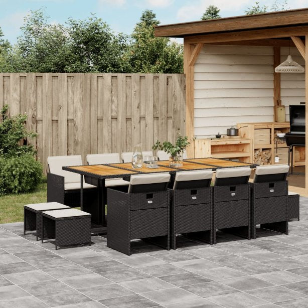 vidaXL 9-tlg. Garten-Essgruppe mit Kissen Schwarz Poly Rattan