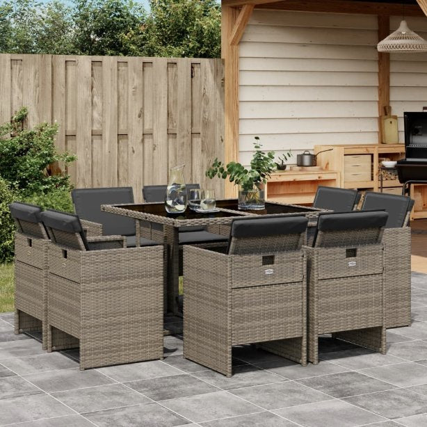vidaXL 9-tlg. Garten-Essgruppe mit Kissen Schwarz Poly Rattan