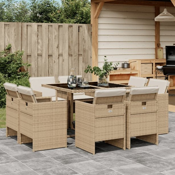 vidaXL 9-tlg. Garten-Essgruppe mit Kissen Schwarz Poly Rattan