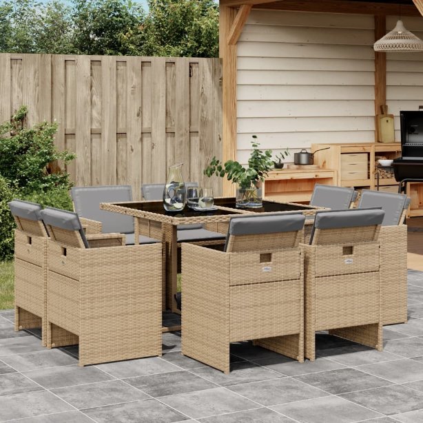 vidaXL 9-tlg. Garten-Essgruppe mit Kissen Schwarz Poly Rattan