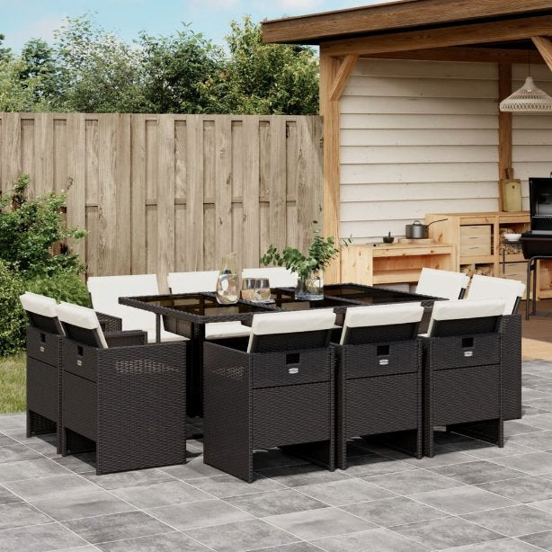 vidaXL 9-tlg. Garten-Essgruppe mit Kissen Schwarz Poly Rattan