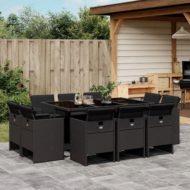 vidaXL 9-tlg. Garten-Essgruppe mit Kissen Schwarz Poly Rattan