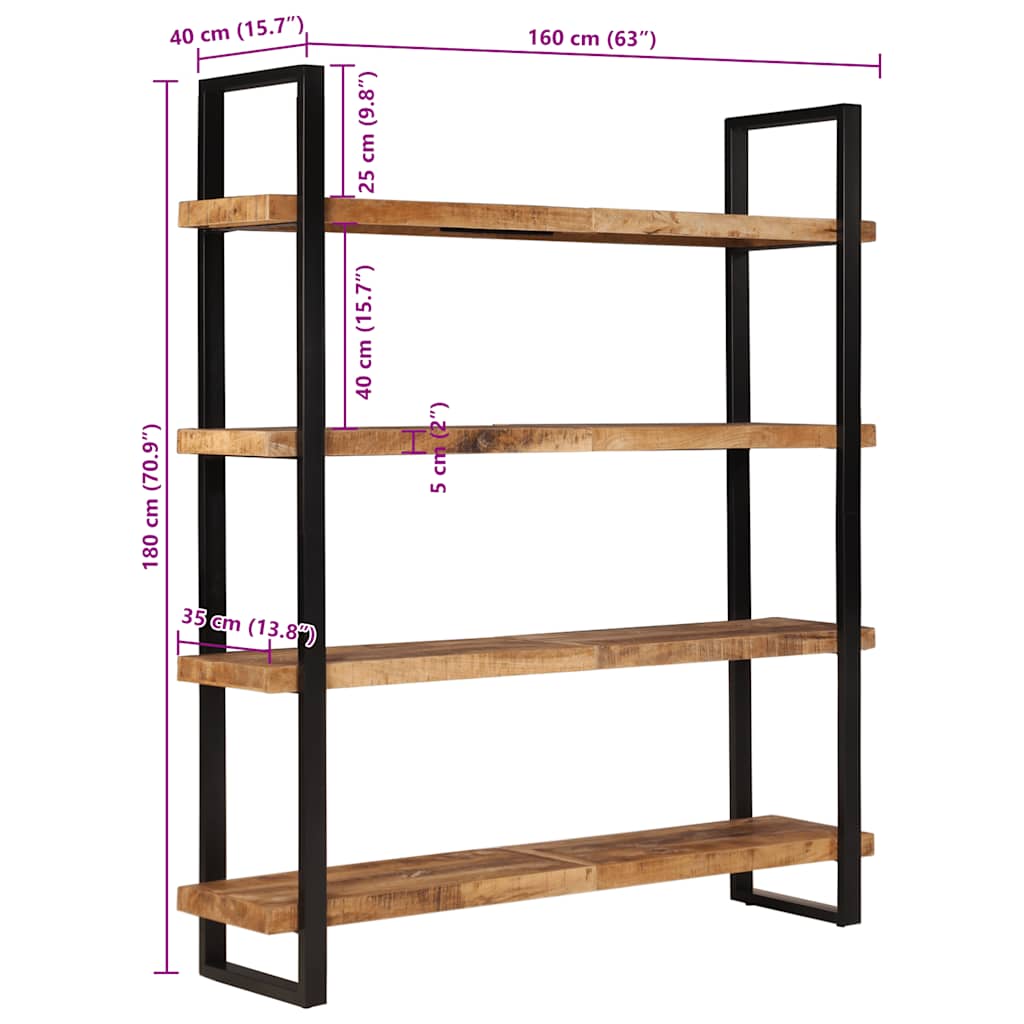vidaXL Bücherregal mit 4 Böden 160x40x180 cm Raues Mangoholz