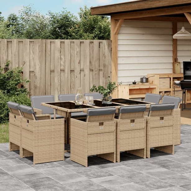 vidaXL 9-tlg. Garten-Essgruppe mit Kissen Schwarz Poly Rattan
