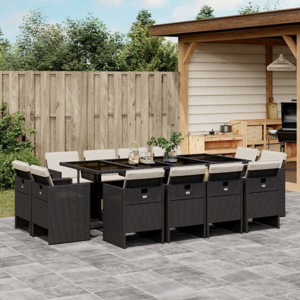 vidaXL 9-tlg. Garten-Essgruppe mit Kissen Schwarz Poly Rattan