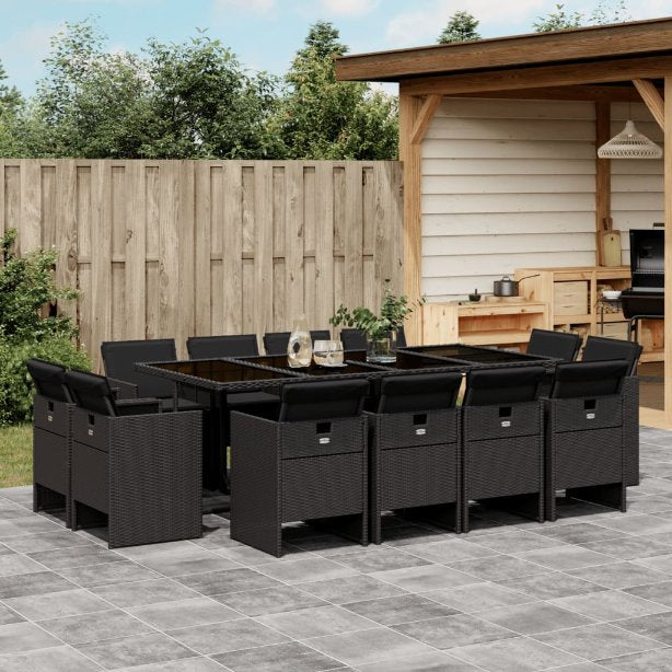 vidaXL 9-tlg. Garten-Essgruppe mit Kissen Schwarz Poly Rattan