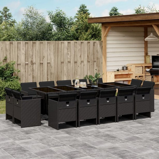 vidaXL 9-tlg. Garten-Essgruppe mit Kissen Schwarz Poly Rattan