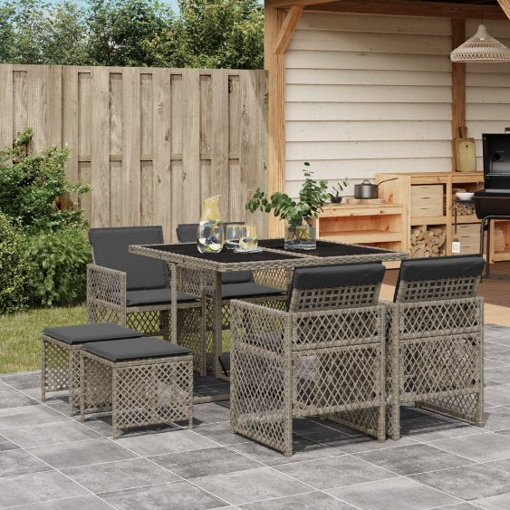 vidaXL 9-tlg. Garten-Essgruppe mit Kissen Schwarz Poly Rattan