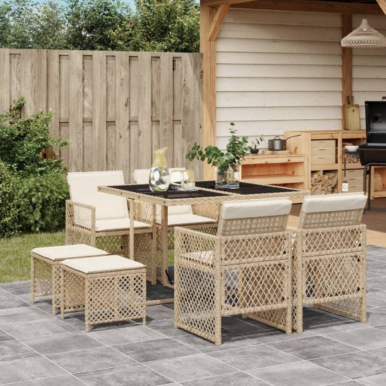 vidaXL 9-tlg. Garten-Essgruppe mit Kissen Schwarz Poly Rattan